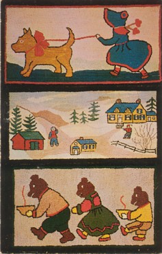 Featured is a promotional postcard for hand hooked rugs offered by a New York rug merchant (A. Morjikian) from the 1950s.  The original postcard depicting a selection of 3 quaint childhood/country/fairy tale themed rugs is for sale in The unltd.com Store.  